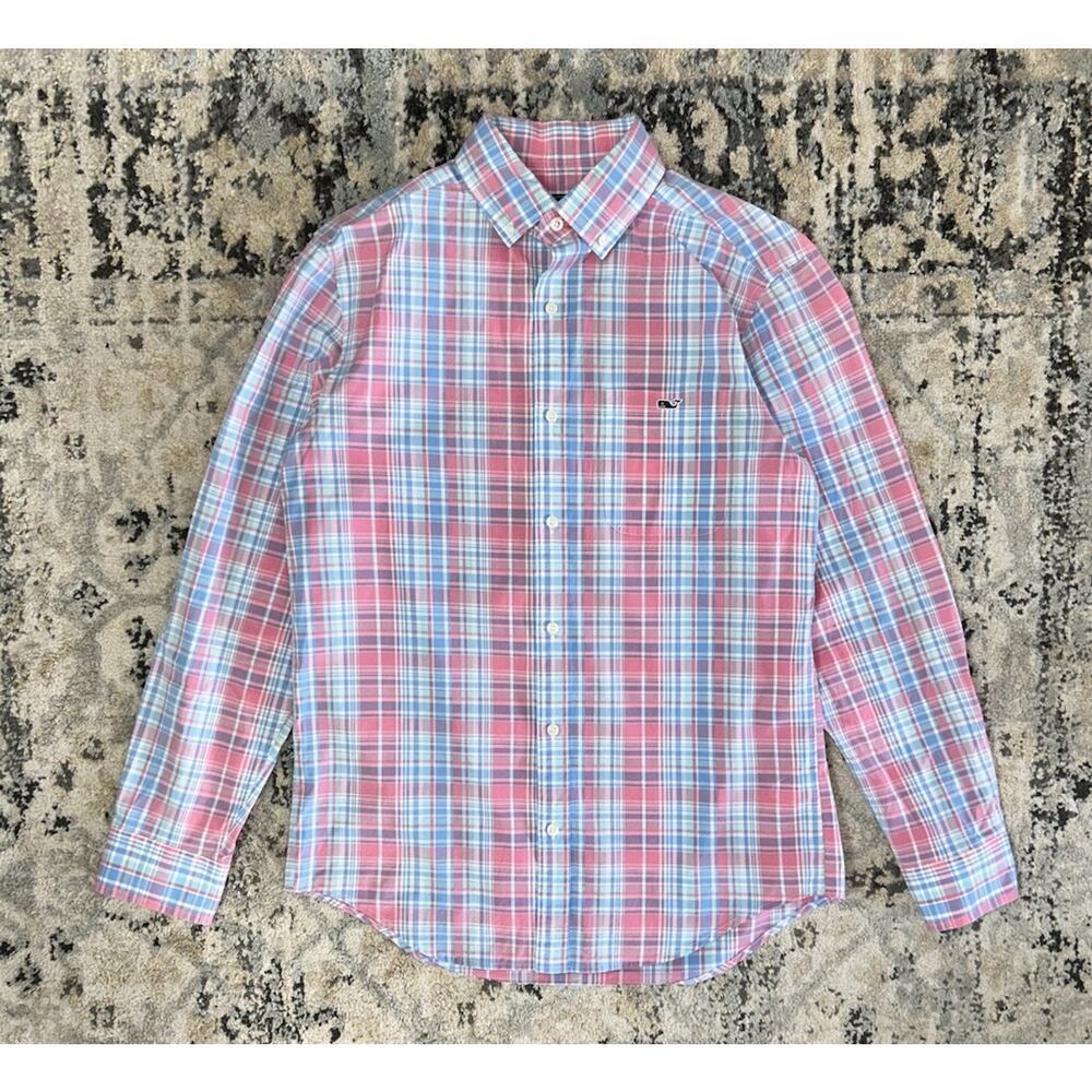 Vineyard Vines Classic Fit Tucker Button Up Shirt Pink Blue Plaid Men’s Small